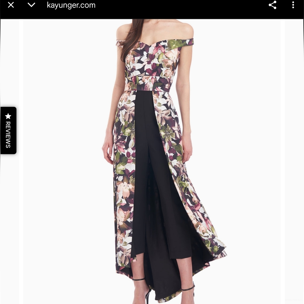 Kay Unger Floral Off-Shoulder Jumpsuit with Black Underlay